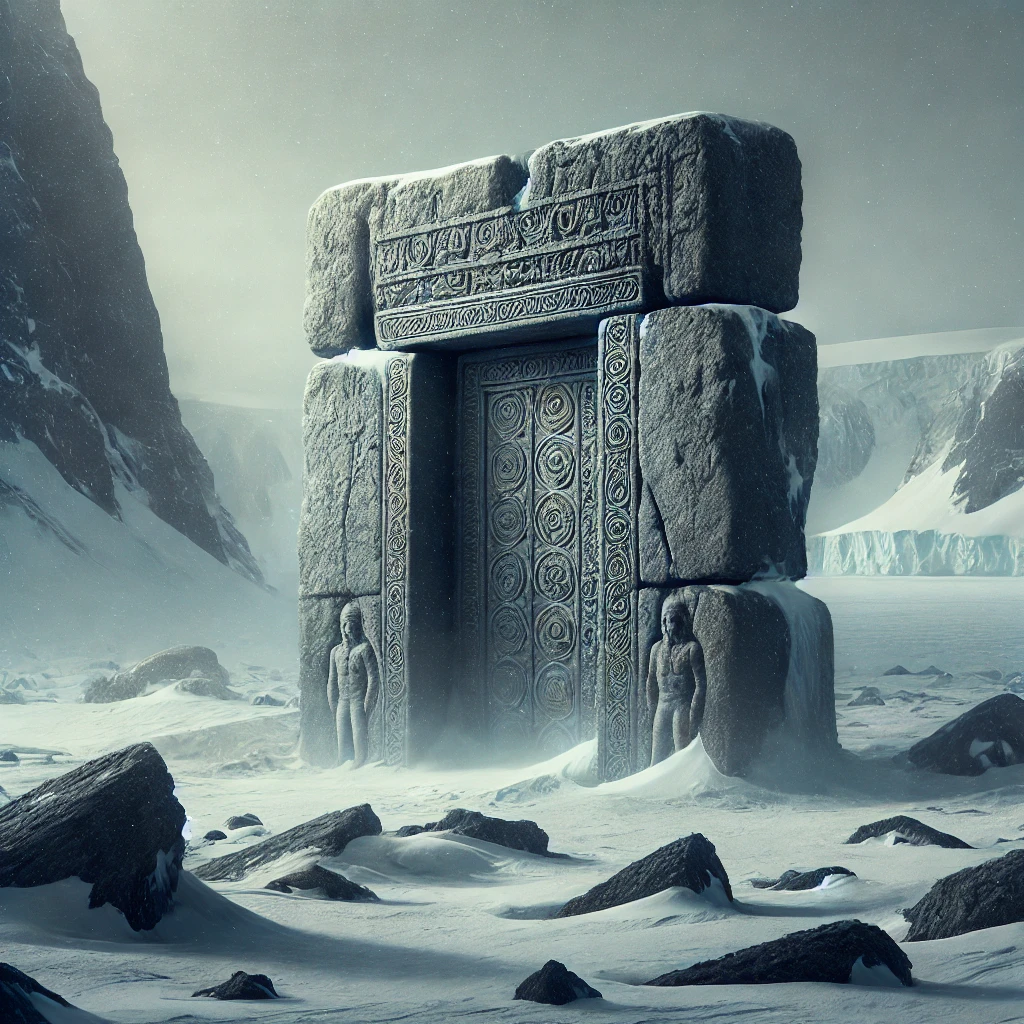 DALL·E 2024 10 29 13.09.10 An ancient mysterious stone doorway partially submerged in ice and snow set against the remote icy landscape of Antarctica. The doorway is tall and